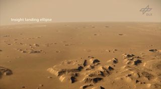 Looking down on Elysium Planitia, the area of Mars where NASA's InSight lander touched down on Nov. 26, 2018. This image is a still from an animation created using imagery captured by the High Resolution Stereo Camera aboard Europe's Mars Express orbiter.