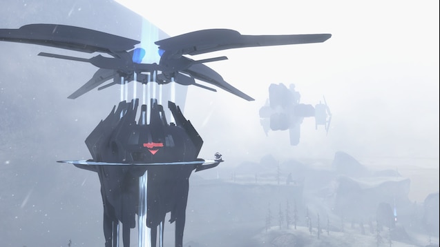 A Covenant spire towers over Halo 3's snow-covered Permafrost map as a UNSC Pelican flies through the frozen landscape.