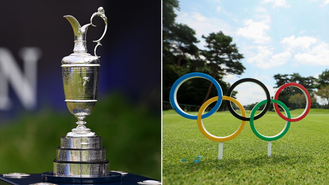 The Claret Jug and Olympic rings seen as a tee box marker