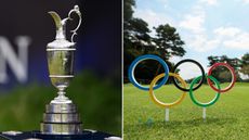 The Claret Jug and Olympic rings seen as a tee box marker