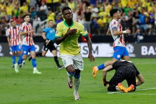 Brazil Copa America 2024 squad during the CONMEBOL Copa America 2024 Group D match between Paraguay and Brazil at Allegiant Stadium on June 28, 2024 in Las Vegas, Nevada. (Photo by Kevork Djansezian/Getty Images)