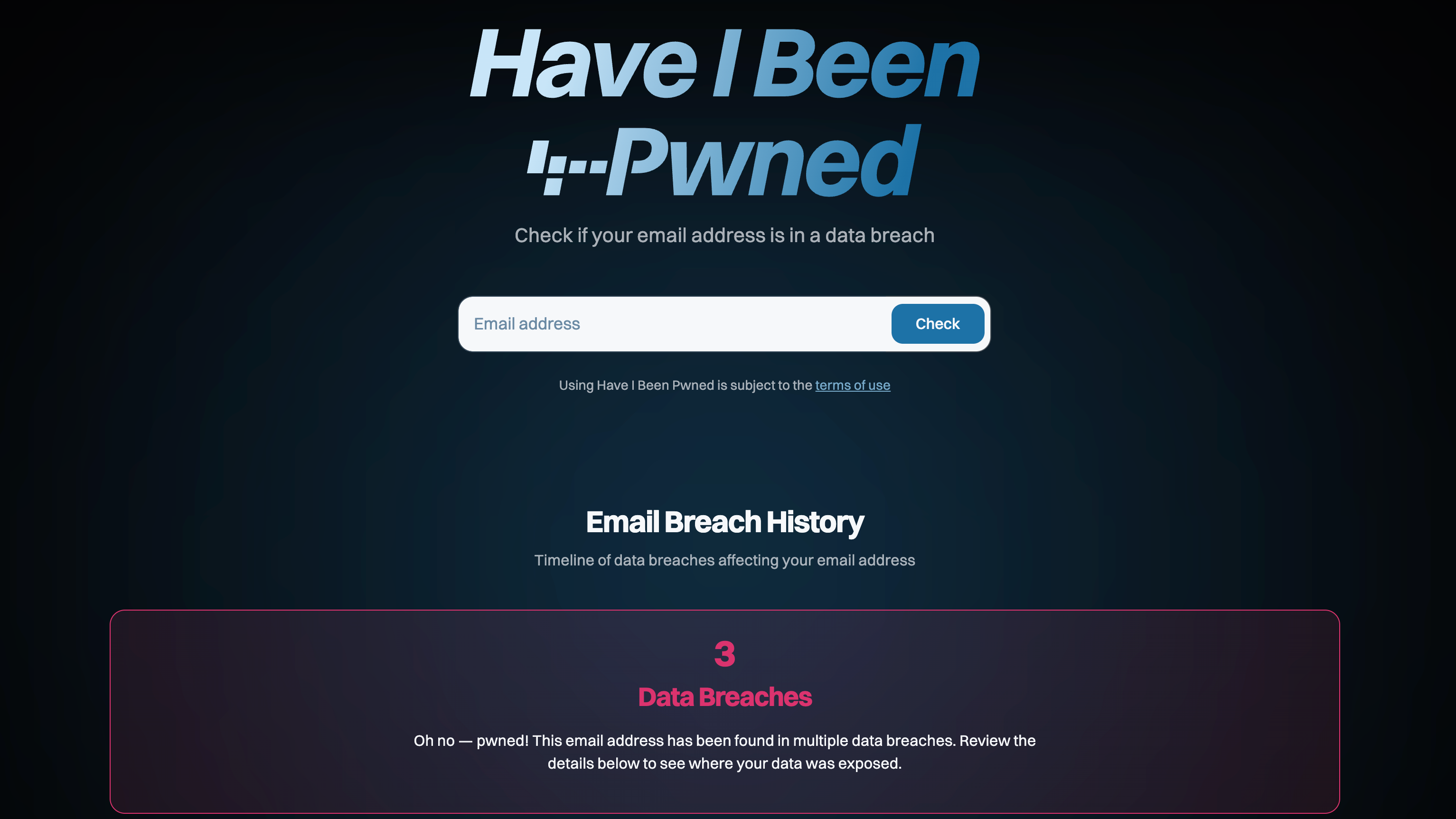 Screenshot of the Have I Been Pwned tool showing that an email address had been involved in three data breaches