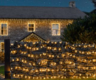 Outdoor Christmas lights on front yard wall and house