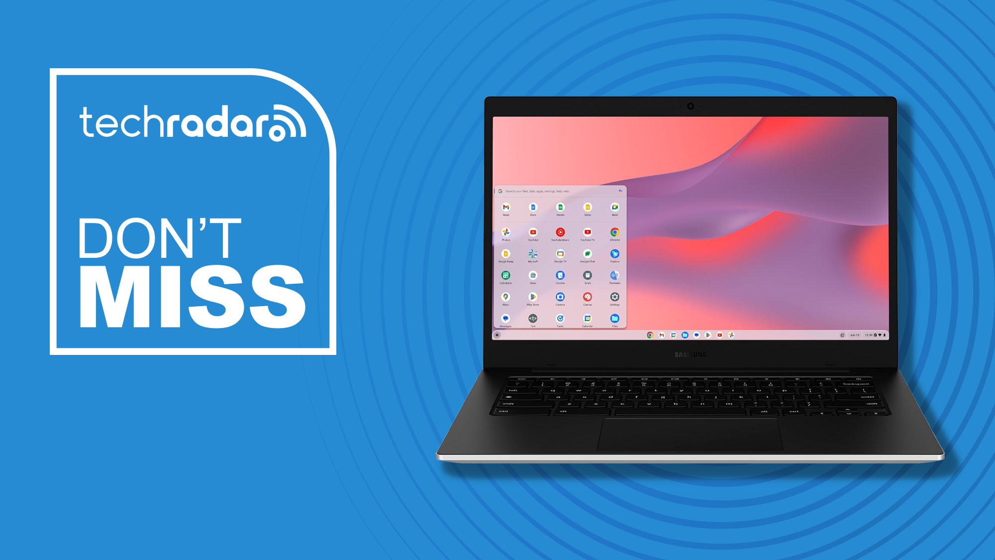 A Chromebook against a blue TechRadar background