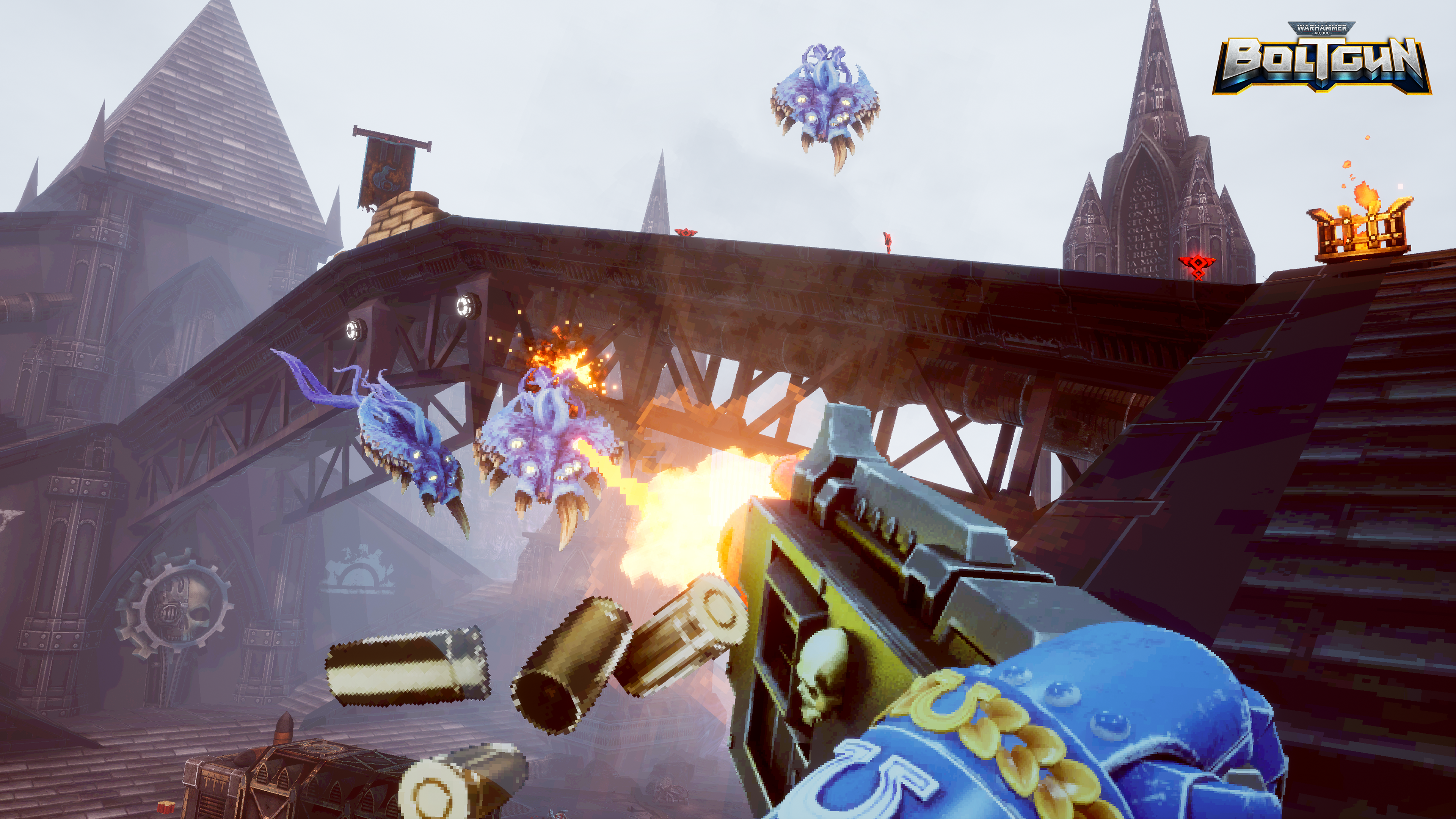 A screenshot from Warhammer 40,000: Boltgun, showing the player fighting enemies in-game.