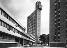 Black and white photograph of Brutalist block of flats