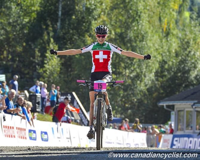 Nicole Koller (Switzerland) wins the junior women's race at the cross country Worlds