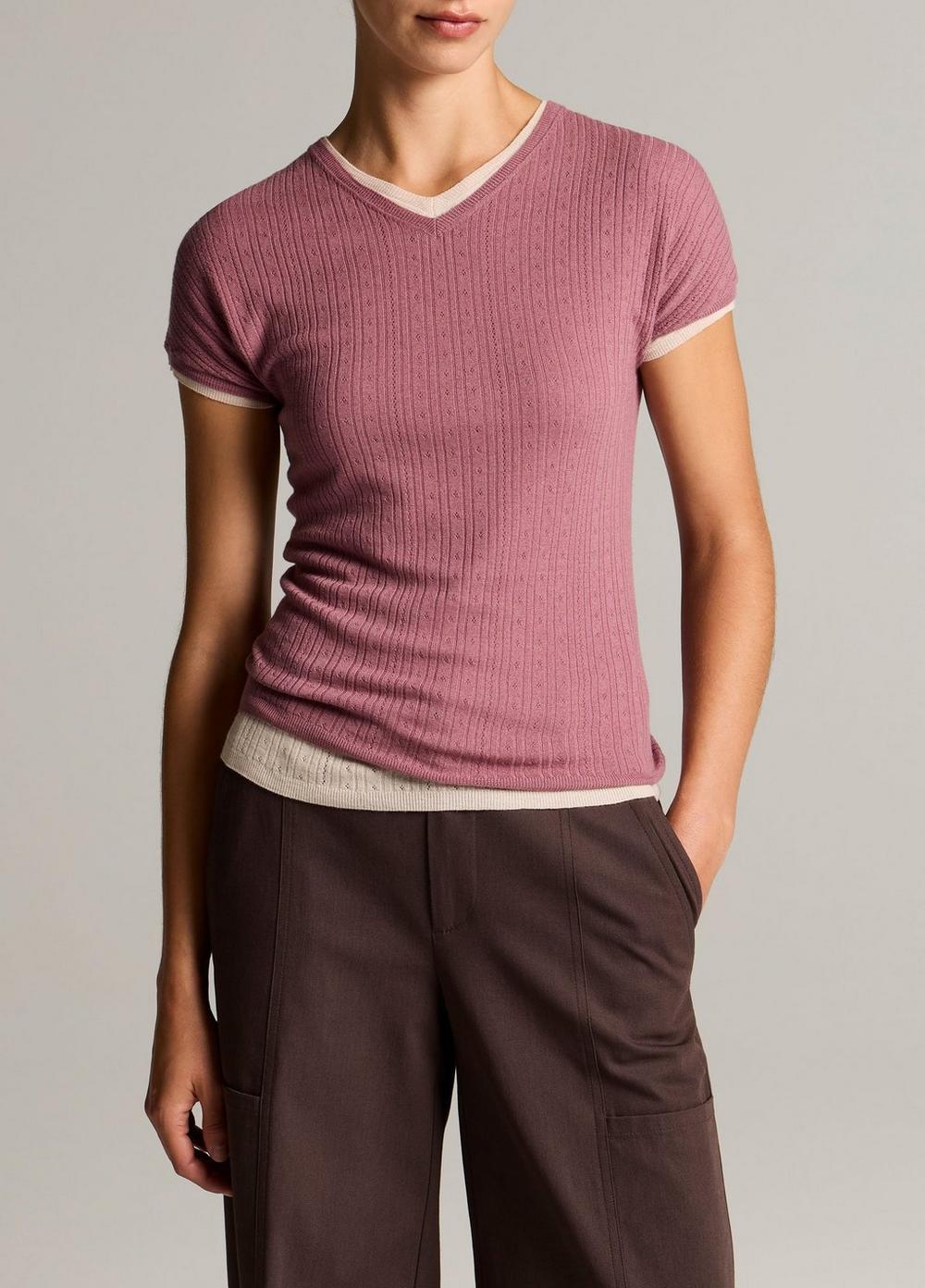 Pointelle Wool Short-Sleeve Sweater