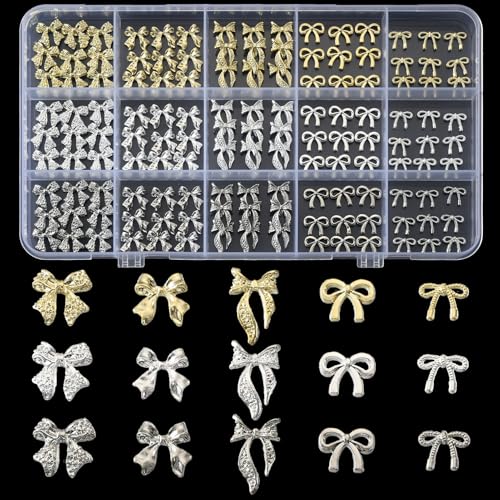 Opmadm 135 Pcs Bow Nail Charms 5 Styles Metal Bow Charms for Nails Gold Silver and White Gold