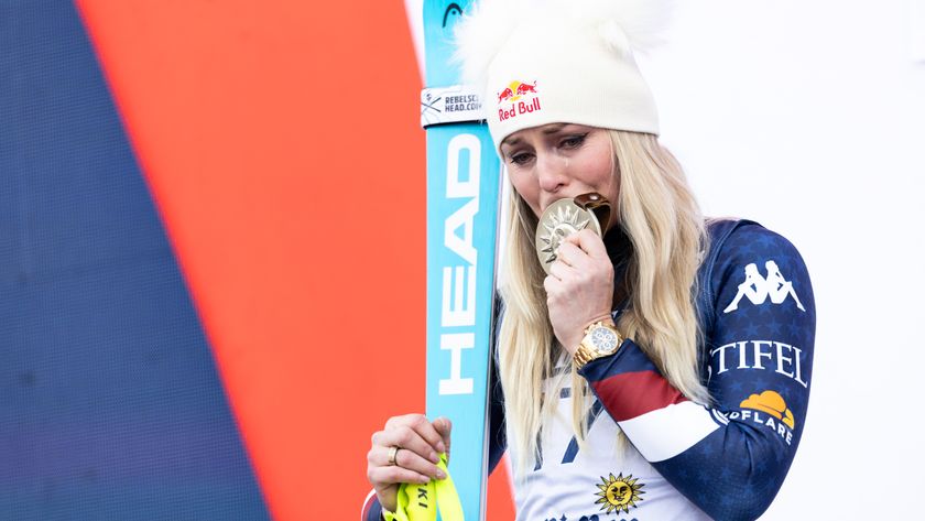 Lindsay Vonn cries as she kisses her silver medal at the 2025 World Cup Finals in Sun Valley