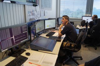 Photograph of mission control, located in Germany, during the August 2014 "Eurobot" test, which saw astronaut Alexander Gerst drive a rover from space.