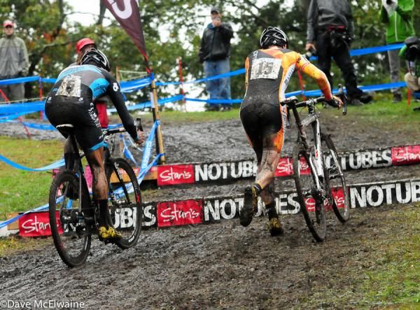 Tristan Schouten (Optum p/b Kelly Benefit) leading Ben Berden over the barriers