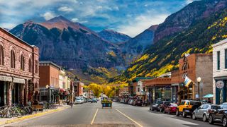 Downtown Telluride sits in a box canyon with the fall colors