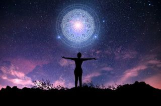 Zodiac signs inside of horoscope circle. Astrology in the sky with many stars and moons astrology and horoscopes concept - stock photo