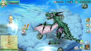 Gameplay of Rune Factory 4, a combat scene with a dragon