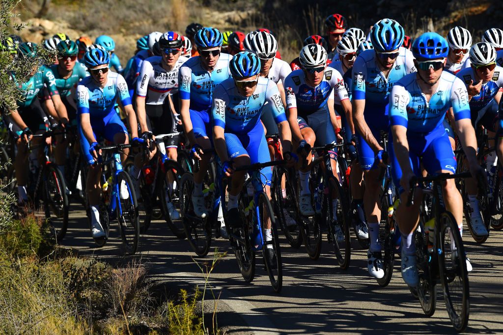 TORRALBA DEL PINAR SPAIN FEBRUARY 02LR Christopher Juul Jensen of Denmark and Team Bikeexchange Jayco and Mikkel Honor of Denmark and Team QuickStep Alpha Vinyl compete during the 73rd Volta A La Comunitat Valenciana 2022 Stage 1 a 1667km stage from Les Alqueries to Torralba Del Pinar 735m VCV2022 on February 02 2022 in Torralba Del Pinar Spain Photo by Dario BelingheriGetty Images