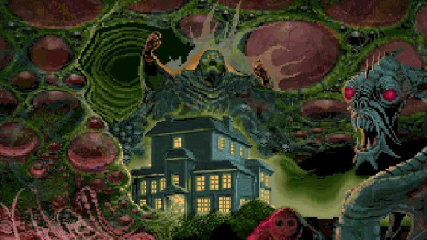 Alone in the Dark pixel art featuring horrifying creatures surrounding a mansion