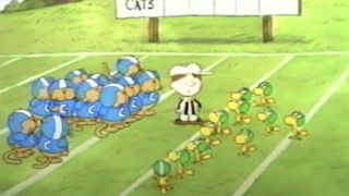 Cats and birds line up for a football game in You're In The Super Bowl, Charlie Brown!