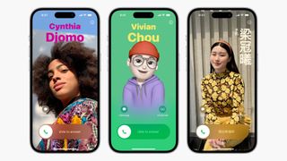 iOS 17 contact posters showing three different faces with names and unique colors