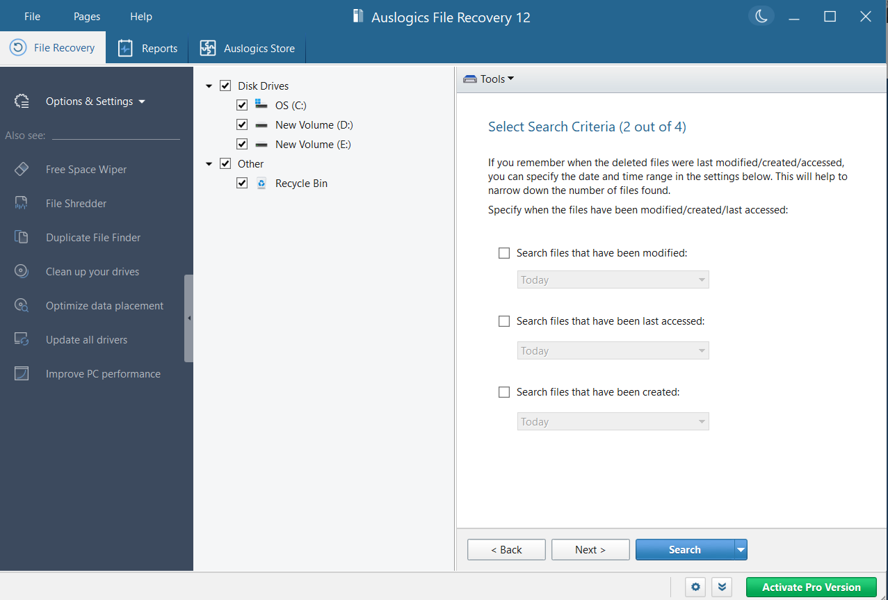 Auslogics lets you configure search criterias