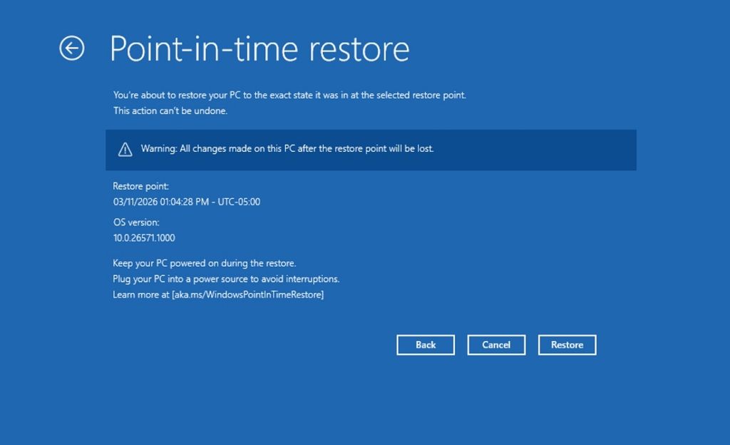 WinRE Point-in-time Restore experience