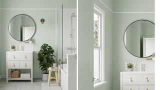 Sage green painted bathroom with white fittings