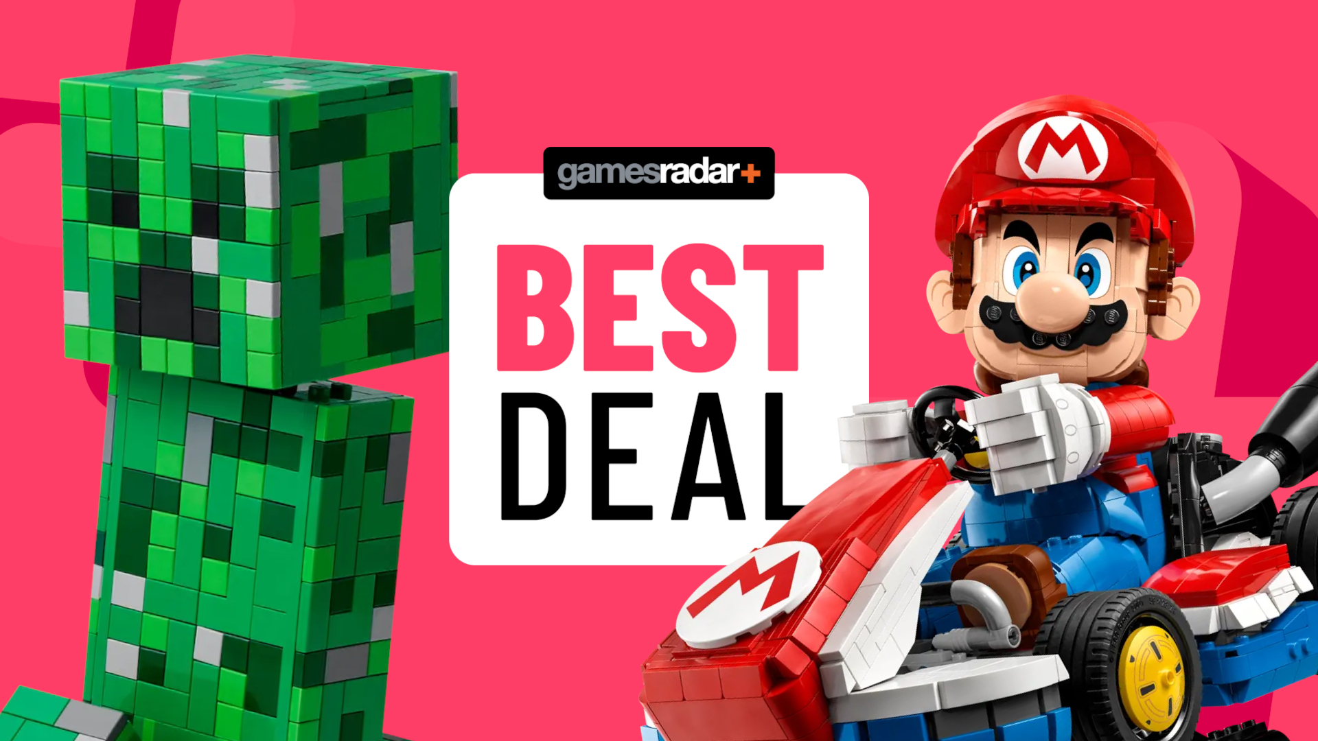 Lego Creeper and Mario & Standard Kart models on either side of a GamesRadar+ 'best deal' badge, all against a pink background