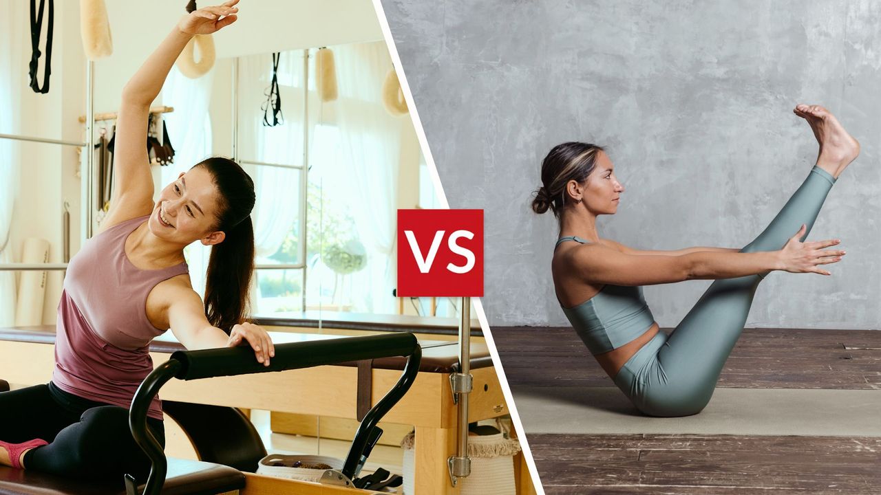 A woman doing reformer pilates and a woman doing mat pilates