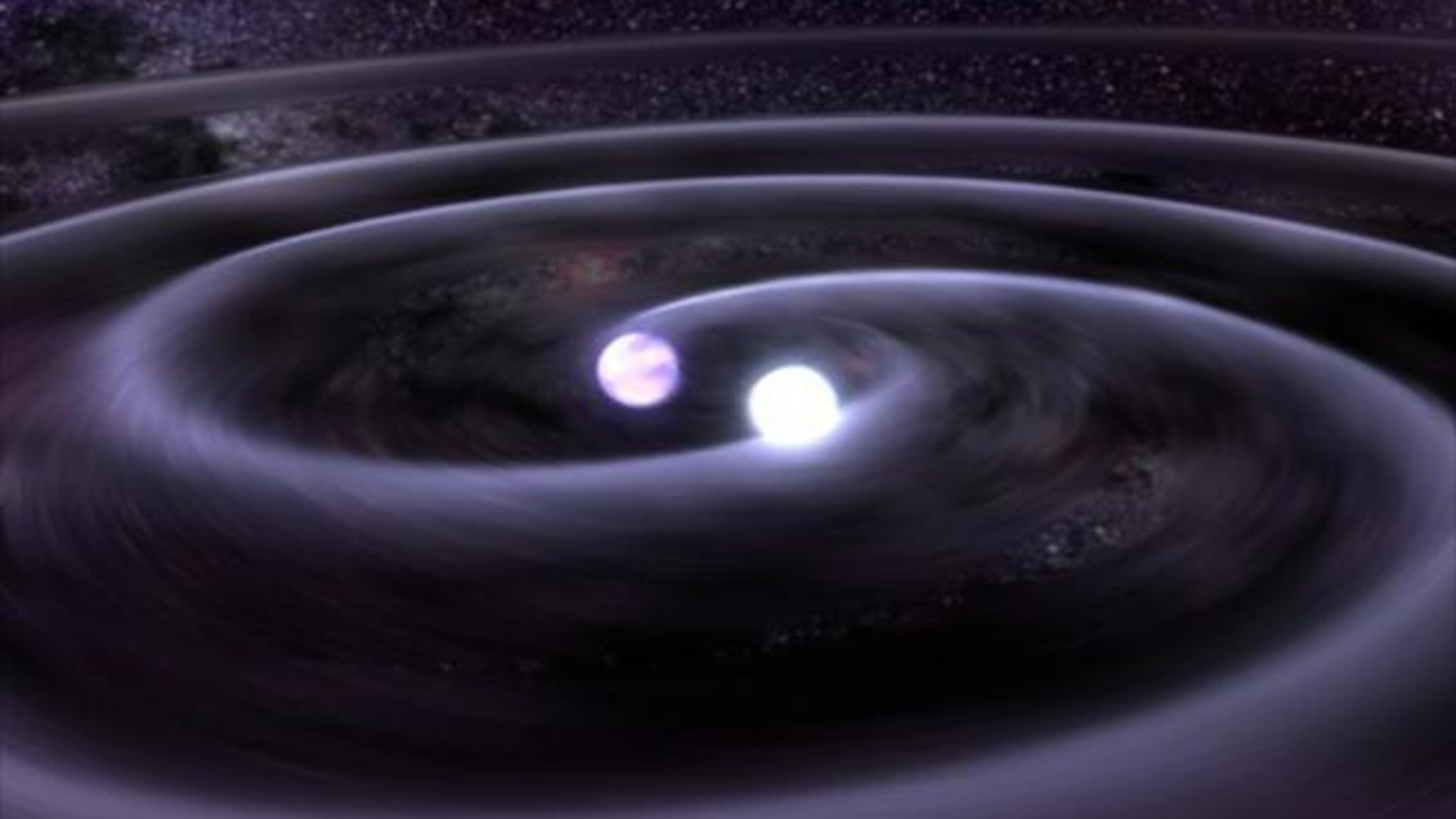 An illustration of a binary white dwarf system as two bright spheres of white light circle each other with spinning waves of gas expanding beyond them