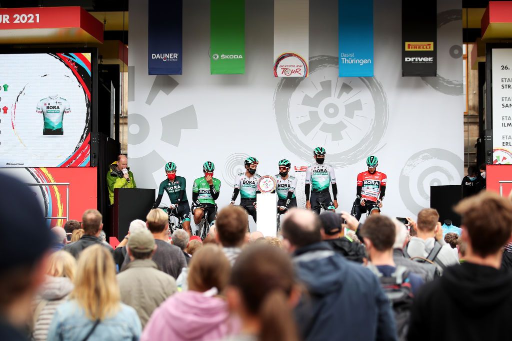 NUREMBERG GERMANY AUGUST 29 Pascal Ackermann of Germany green points jersey Emanuel Buchmann of Germany Nils Politt of Germany red leader jersey Andreas Schillinger of Germany Michael Schwarzmann of Germany Rdiger Selig of Germany and Team Bora Hansgrohe during the 35th Deutschland Tour 2021 Stage 4 a 1563km stage fro Erlangen to Nrnberg DeineTour on August 29 2021 in Nuremberg Germany Photo by Christian KasparBartkeGetty Images