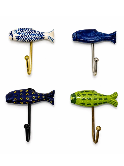 Hand-Painted Ceramic Fish Wall Hook, Coastal Nautical Beach Decor Hanger