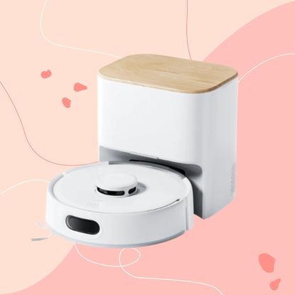 SwitchBot K11+ Robot Vacuum Cleaner with Mop on a pink background