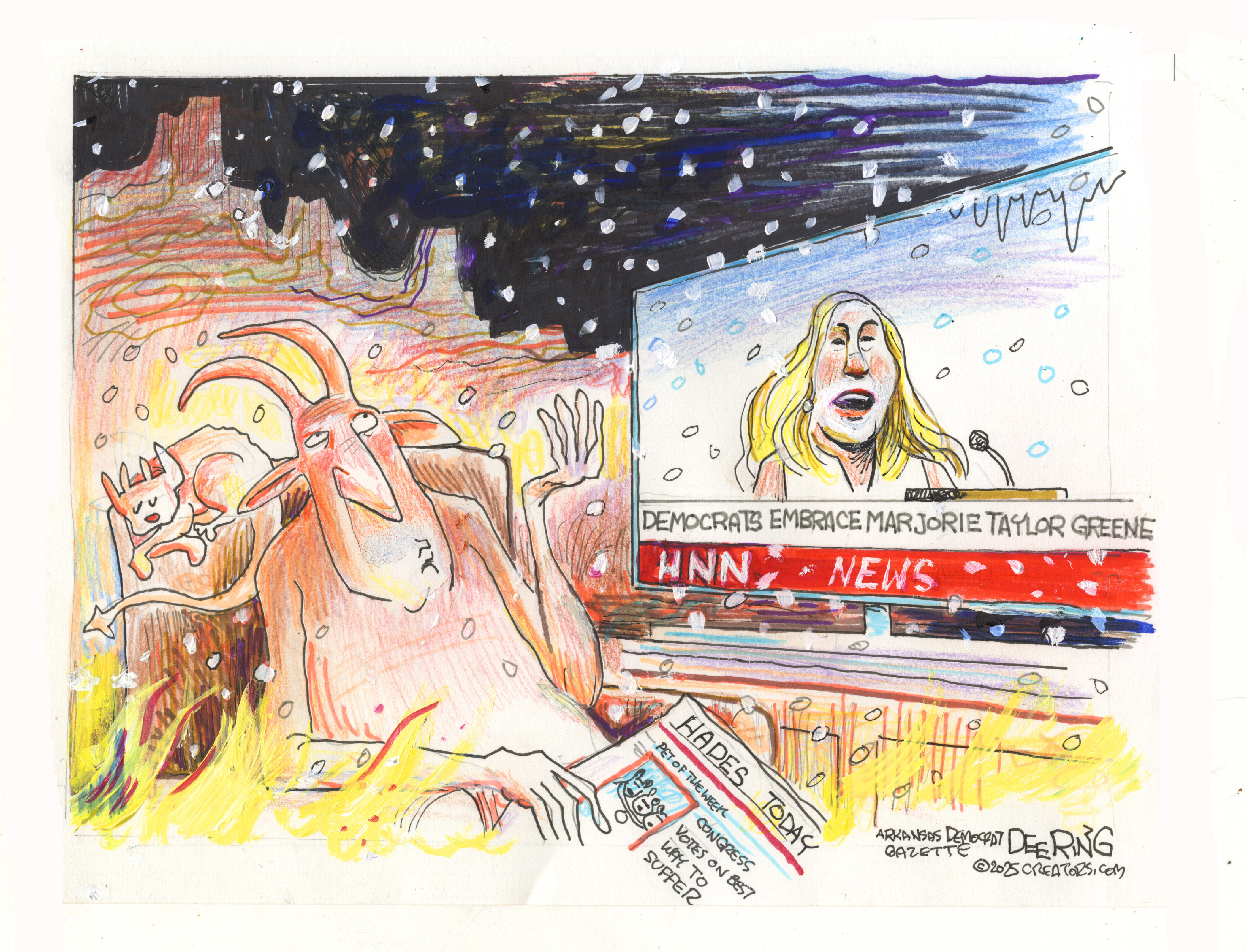 The devil sits in hell watching television as it begins to snow. Marjorie Taylor Greene is on the screen and the headline below here says, &amp;ldquo;Democrats embrace Marjorie Taylor Greene.&amp;rdquo;