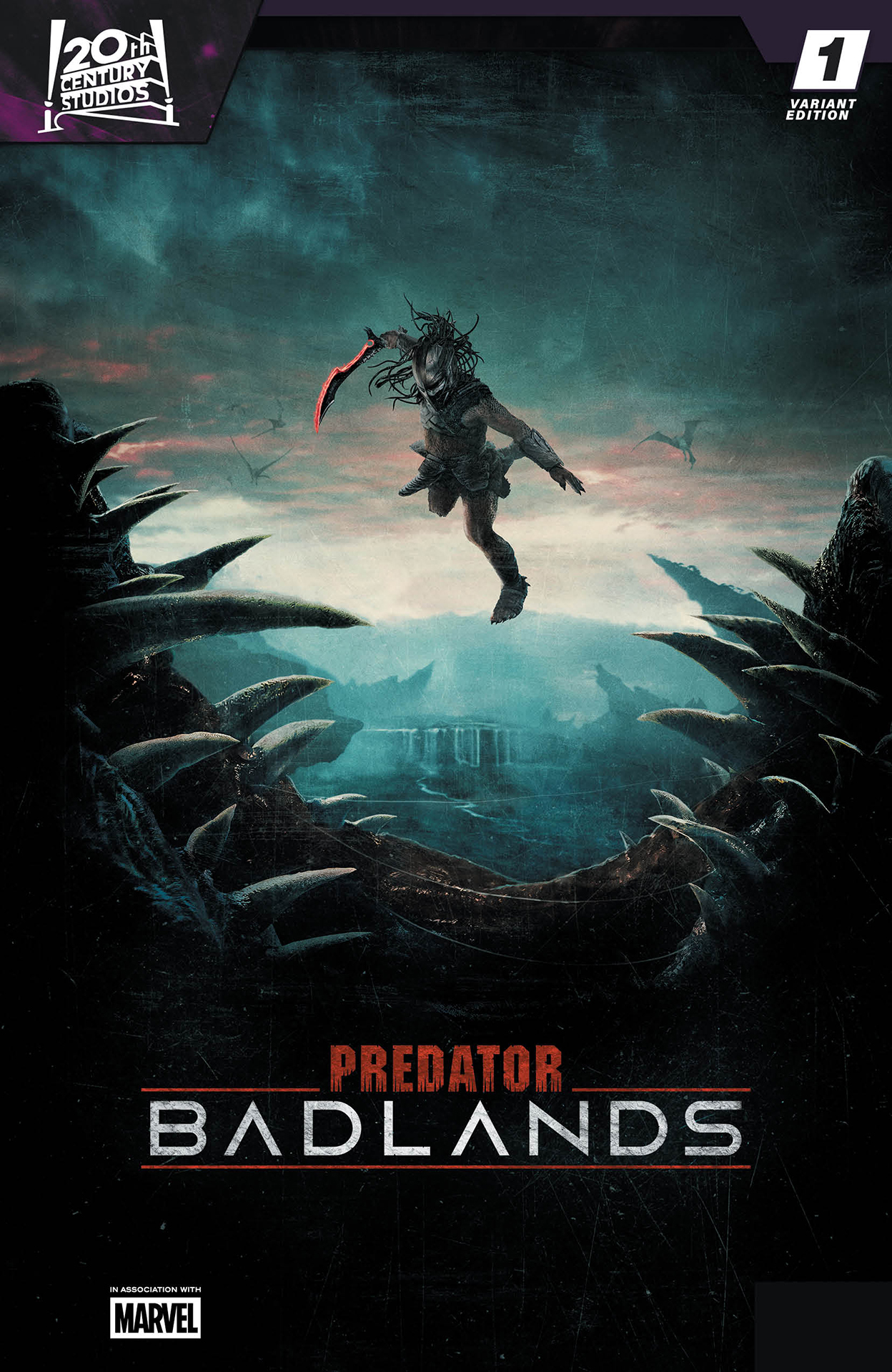 A Yautja leaping into the jaws of a giant monster