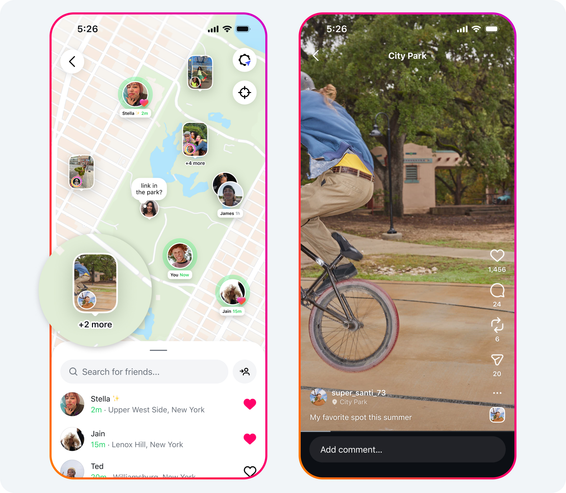 Two screenshots showing Instagram location sharing in action