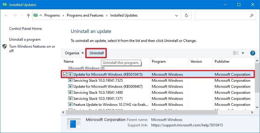 Windows 10 remove update option