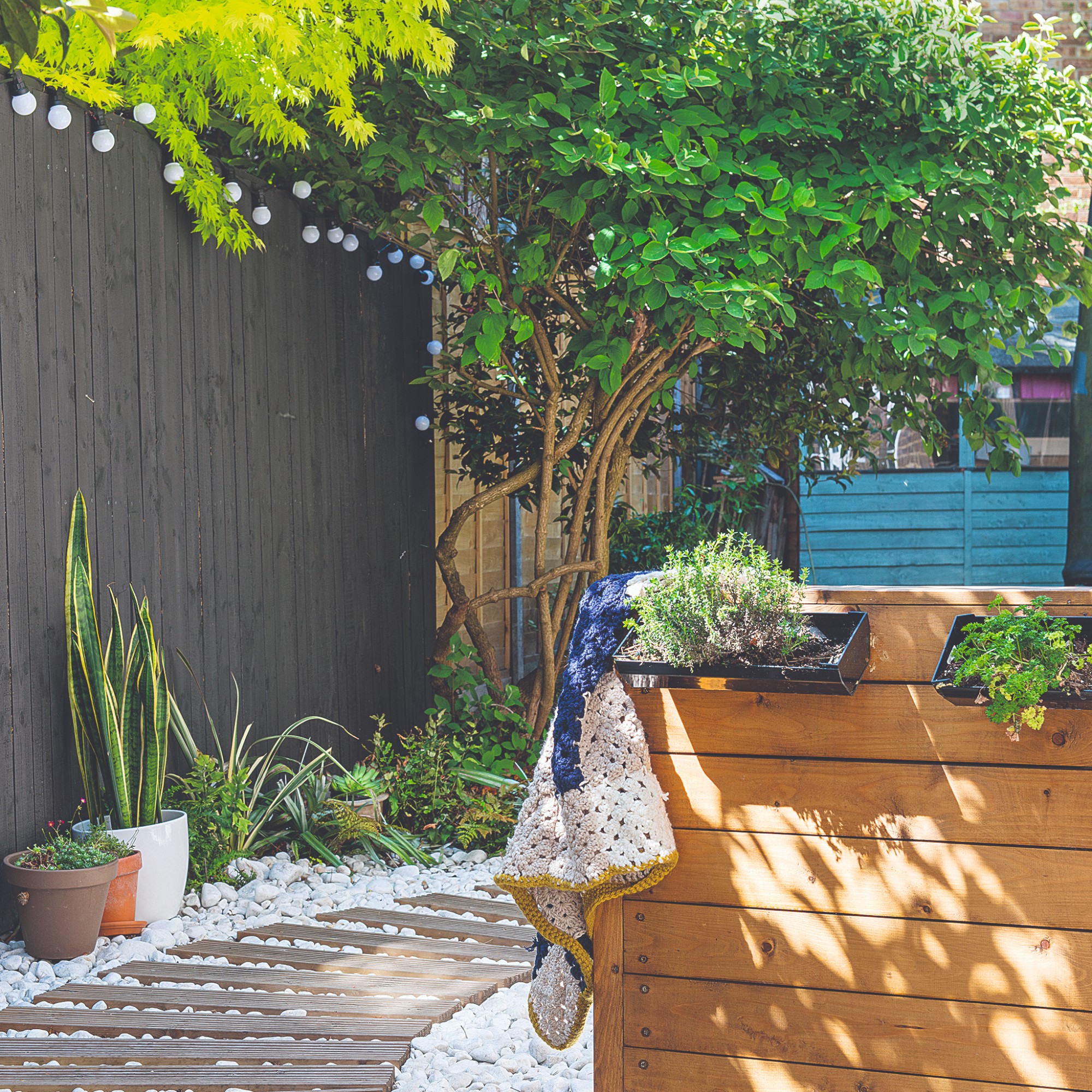 A sunny garden with a black fence adorned with string lights and lined with potted plants