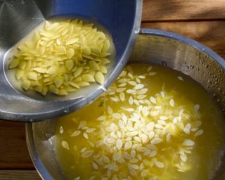 zucchini seeds during fermentation in a bowl. the non viable seeds have floated to the top of the fermentation mixture