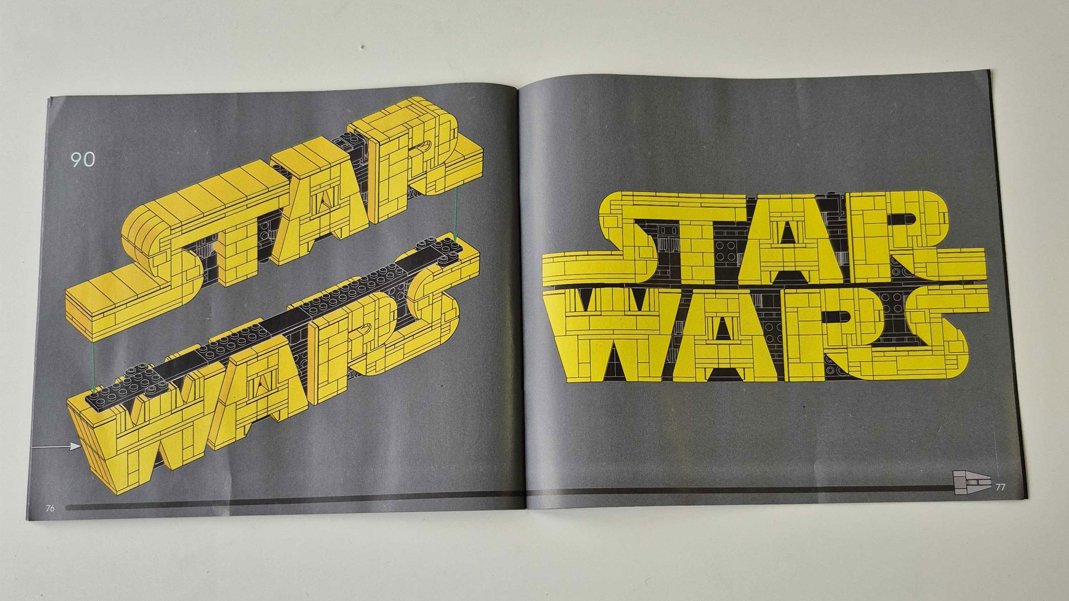 Two pages of a booklet giving instructions showing the final build of the Lego Star Wars Logo set, using images.