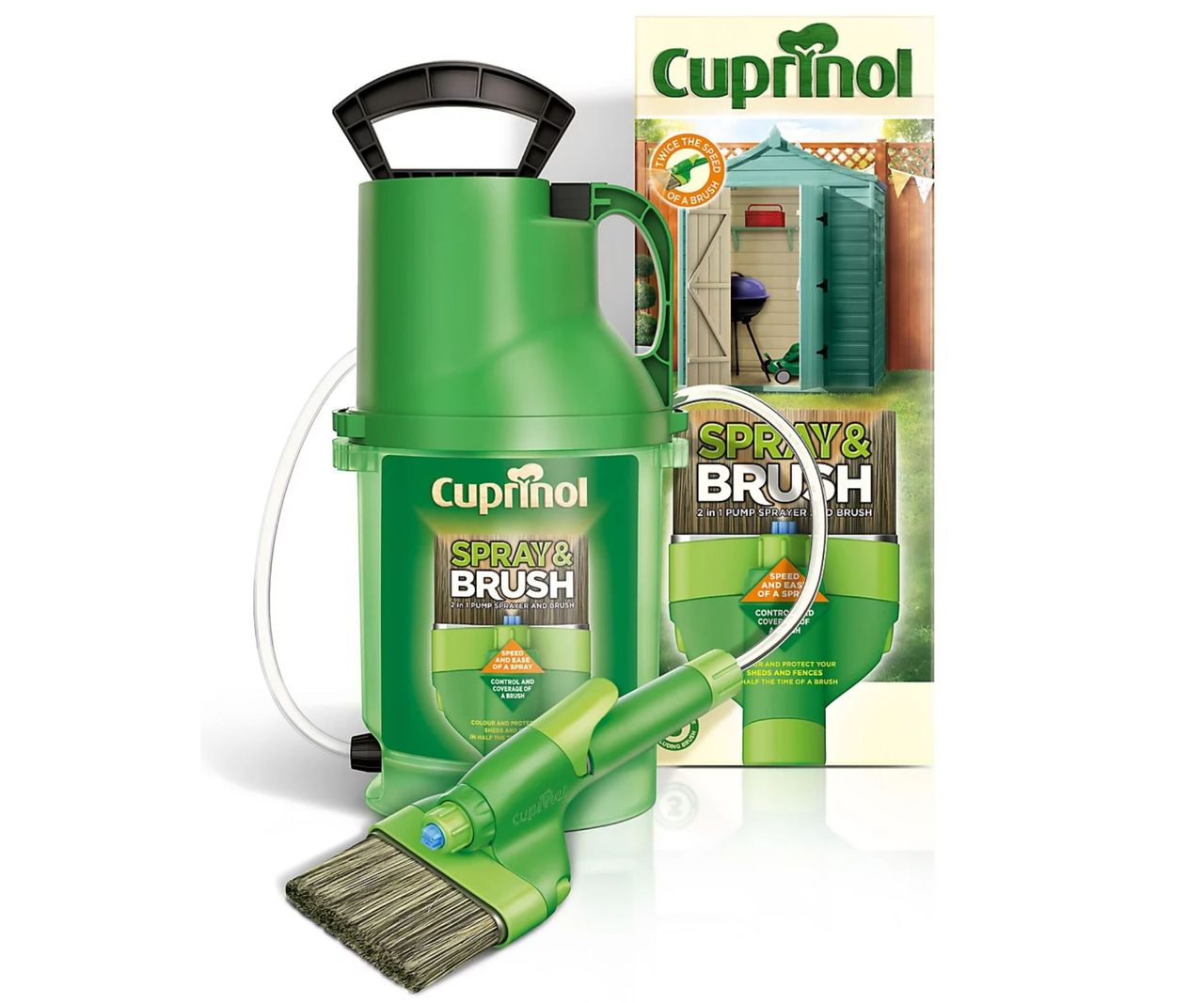 Cuprinol Spray &amp; brush Fence &amp; shed Paint sprayer product cut out on white background