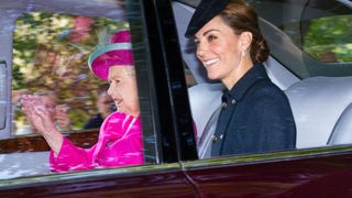 Queen Elizabeth II and Catherine, Duchess of Cambridge are driven to Crathie Kirk Church before the service on August 25, 2019 in Crathie, Aberdeenshire. Queen Victoria began worshiping at the church in 1848 and every British monarch since has worshiped there while staying at nearby Balmoral Castle (Photo by Duncan McGlynn/Getty Images)