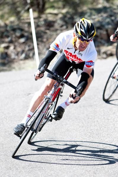 Lance Armstrong (Mellow Johnny's) leans over through one of today's tight switchbacks.