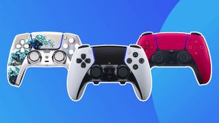 Product shots of the best PS5 controllers on a blue backgrounf