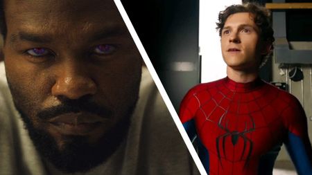 A collage of Simon Williams' eyes glowing purple in Wonder Man and Tom Holland on the set if Spider-Man: Brand New Day