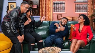 Martin Lawrence, Tisha Campbell, Carl Anthony Payne II and Tichina Arnold laughing on set of Martin: The Reunion