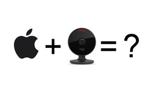 Apple logo, plus sign, Logitech Circle View, equals sign and question mark used to create visual equation, inviting viewer to wonder what an Apple-branded smart IP camera might look like 