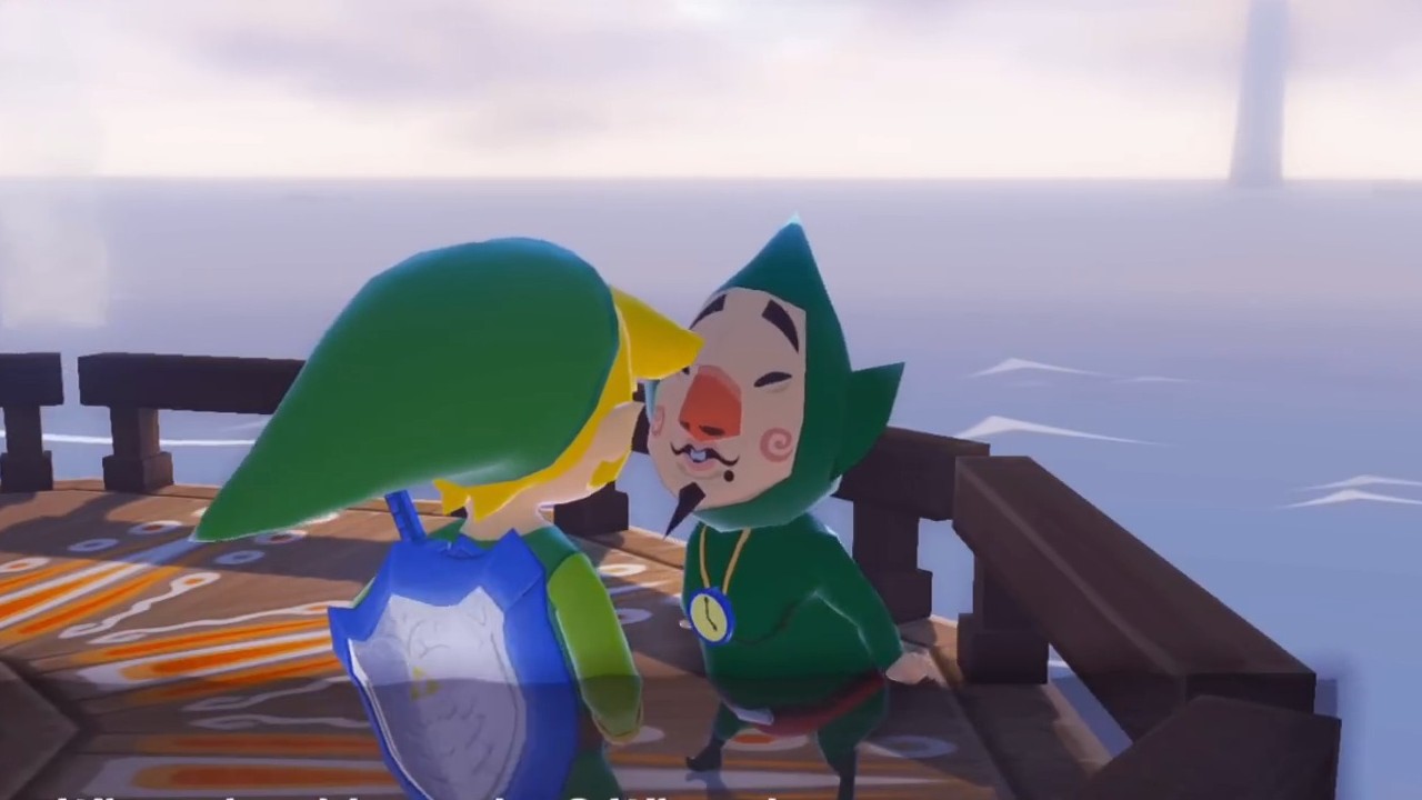 Link talking to Tingle in The Legend of Zelda: The Wind Waker