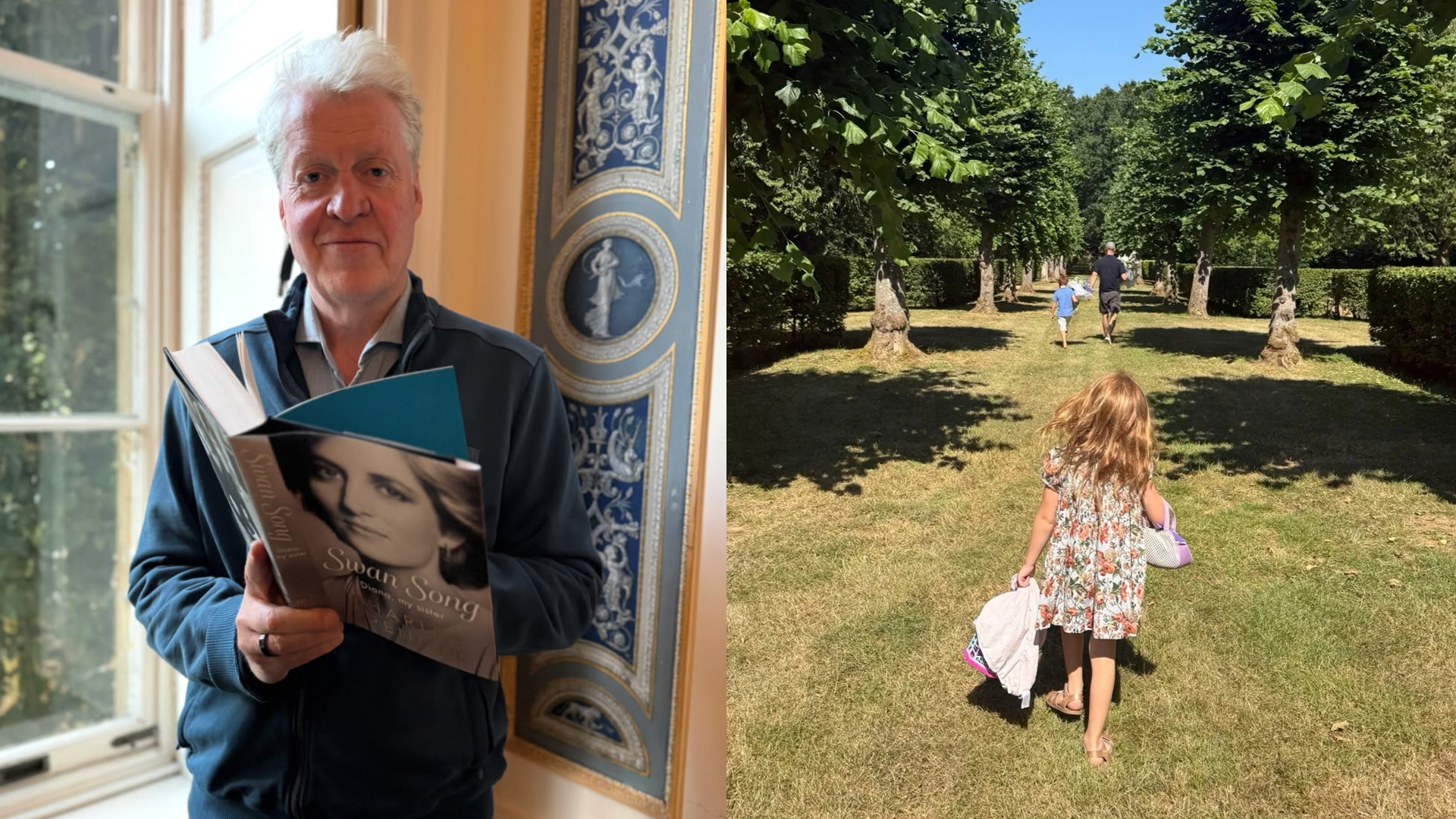 A split image of Earl Spencer holding a copy of Swan Song and Prince Archie, Prince Harry and Princess Lilibet walking through the grass at Althorp
