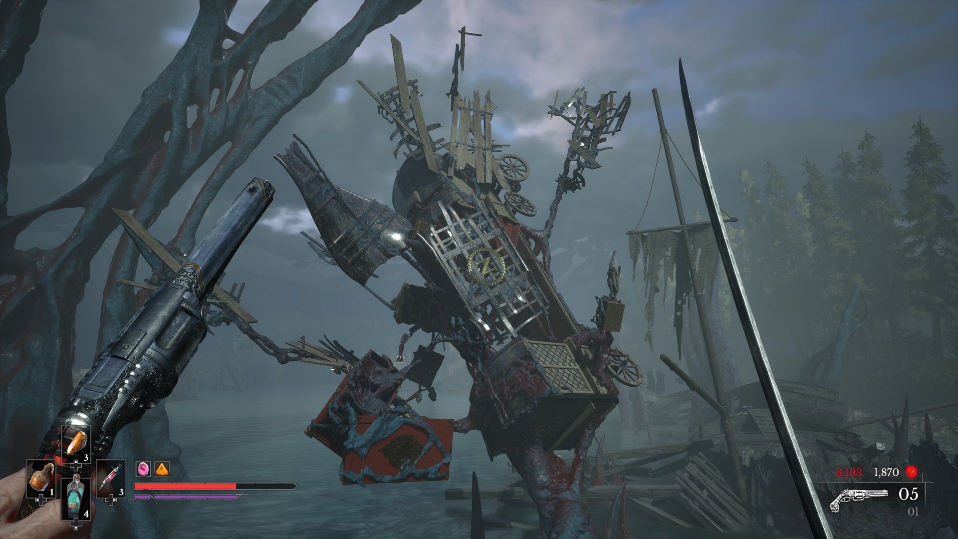 A screenshot from Valor Mortis showing a train carriage suspended in the air