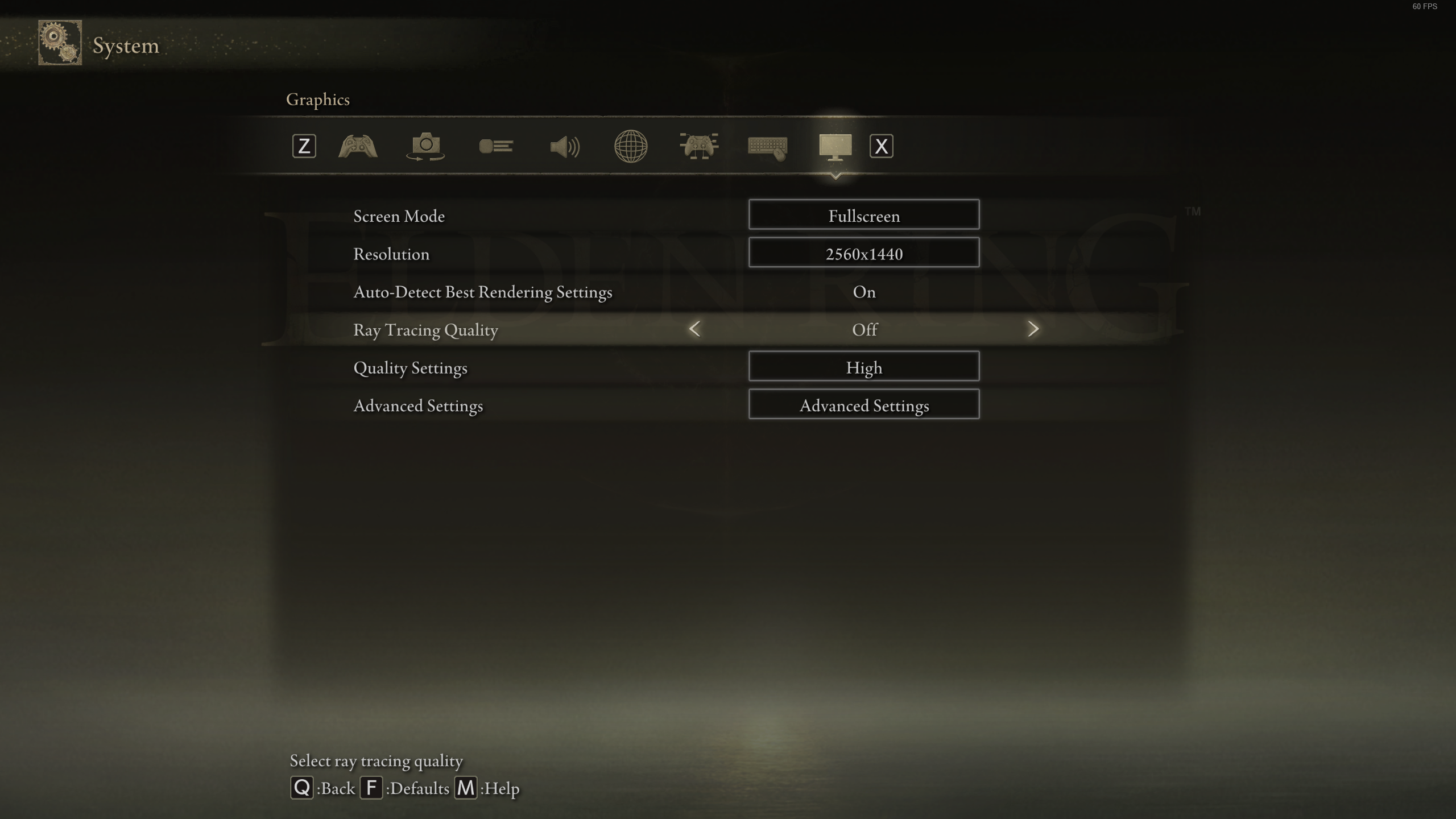 The display settings menu of Elden Ring, showing the ray tracing option set to 